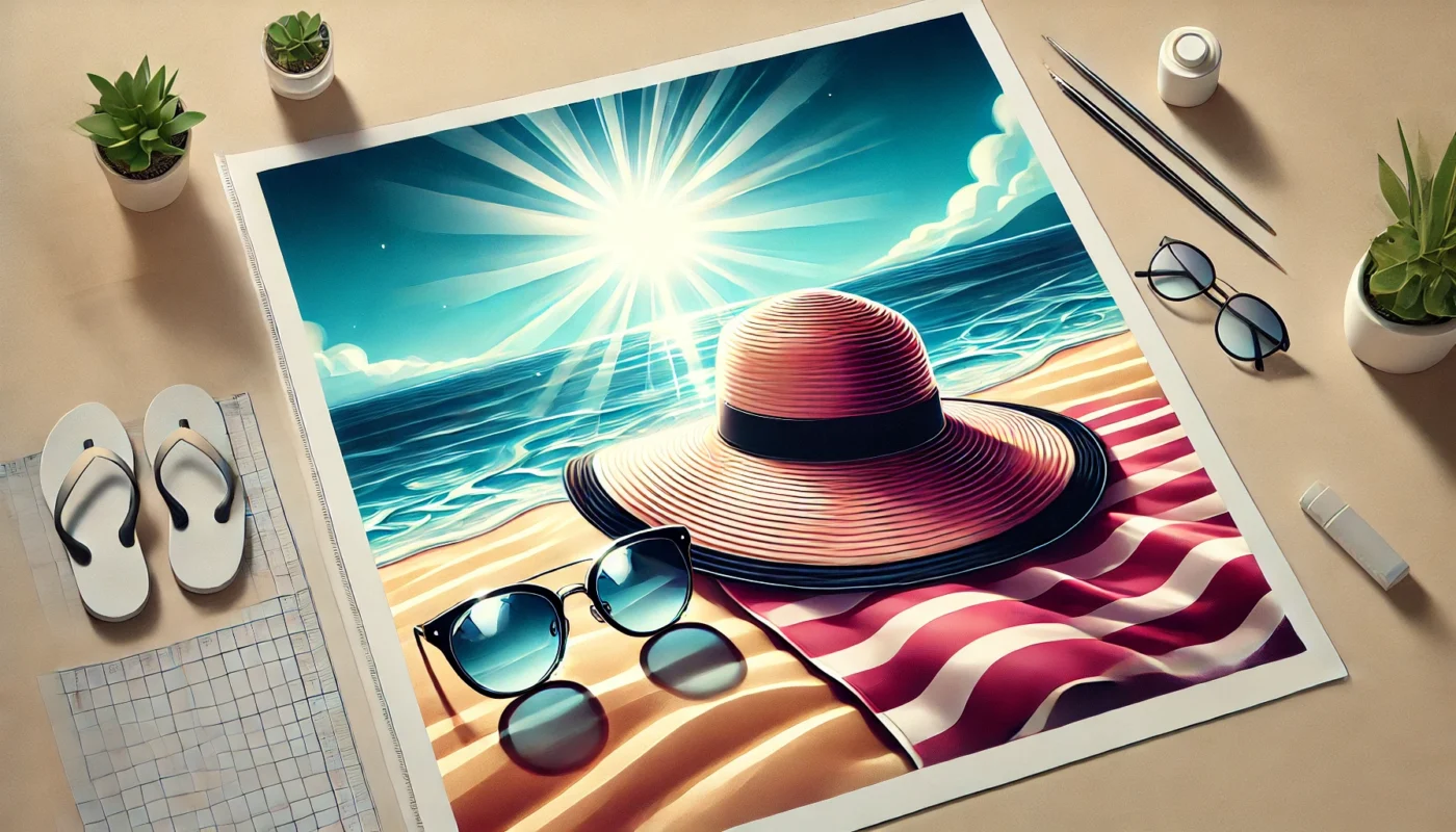 Wide-brimmed hat and sunglasses on a beach towel under bright sunlight at a serene sandy beach, emphasizing sun safety essentials.