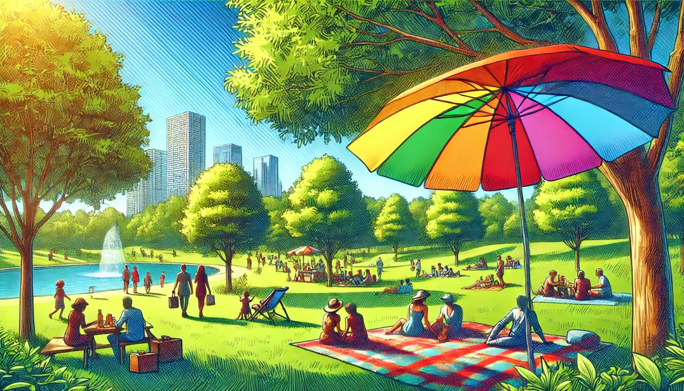 Colorful umbrella shading people relaxing in a sunny park, promoting outdoor sun protection with a lush green backdrop.