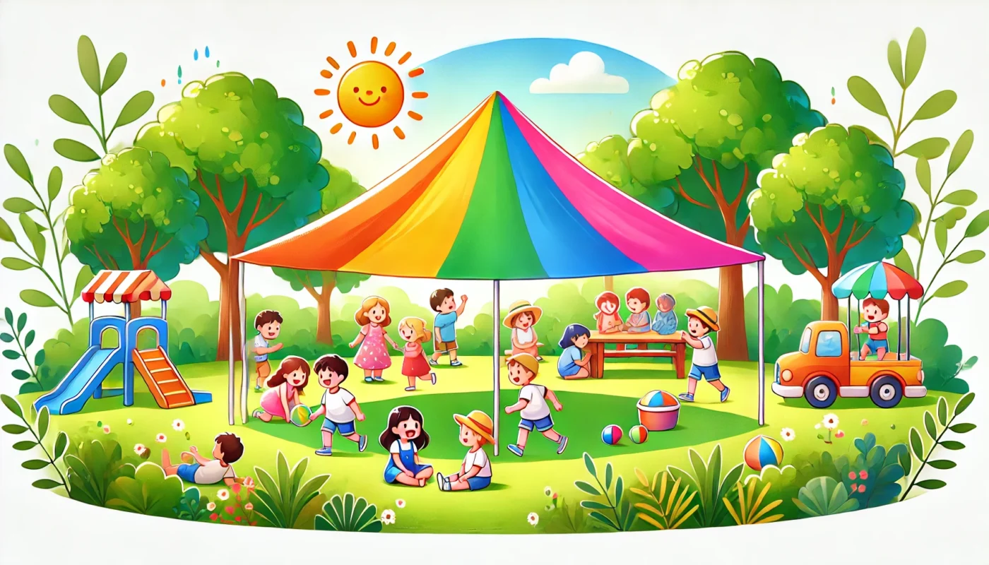 Children playing under a colorful shade tent in a sunny park, surrounded by greenery, illustrating safe and fun outdoor activities.