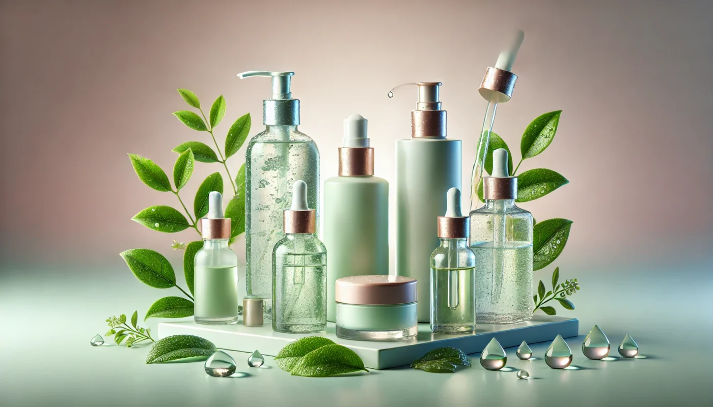 Elegant and clean presentation of hydrating sunscreens with dewy green tea leaves, glass droppers, and water droplets against a soft pastel gradient.