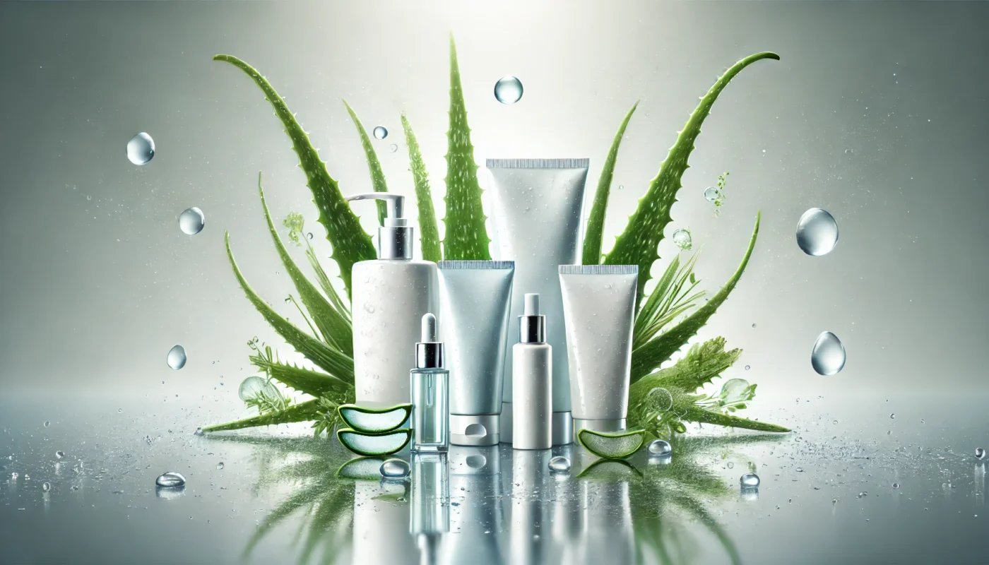 Modern and minimalist hydrating sunscreen arrangement on a reflective water surface, featuring aloe vera leaves and water droplets for a fresh aesthetic.