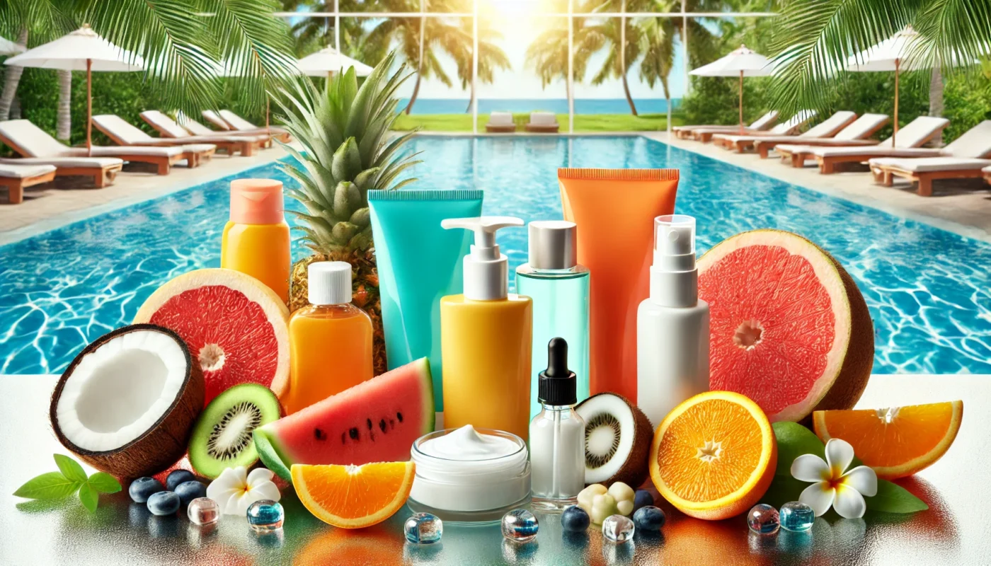 Colorful assortment of hydrating sunscreens surrounded by fresh fruits, including grapefruit, kiwi, and pineapple, with a luxurious pool in the background.