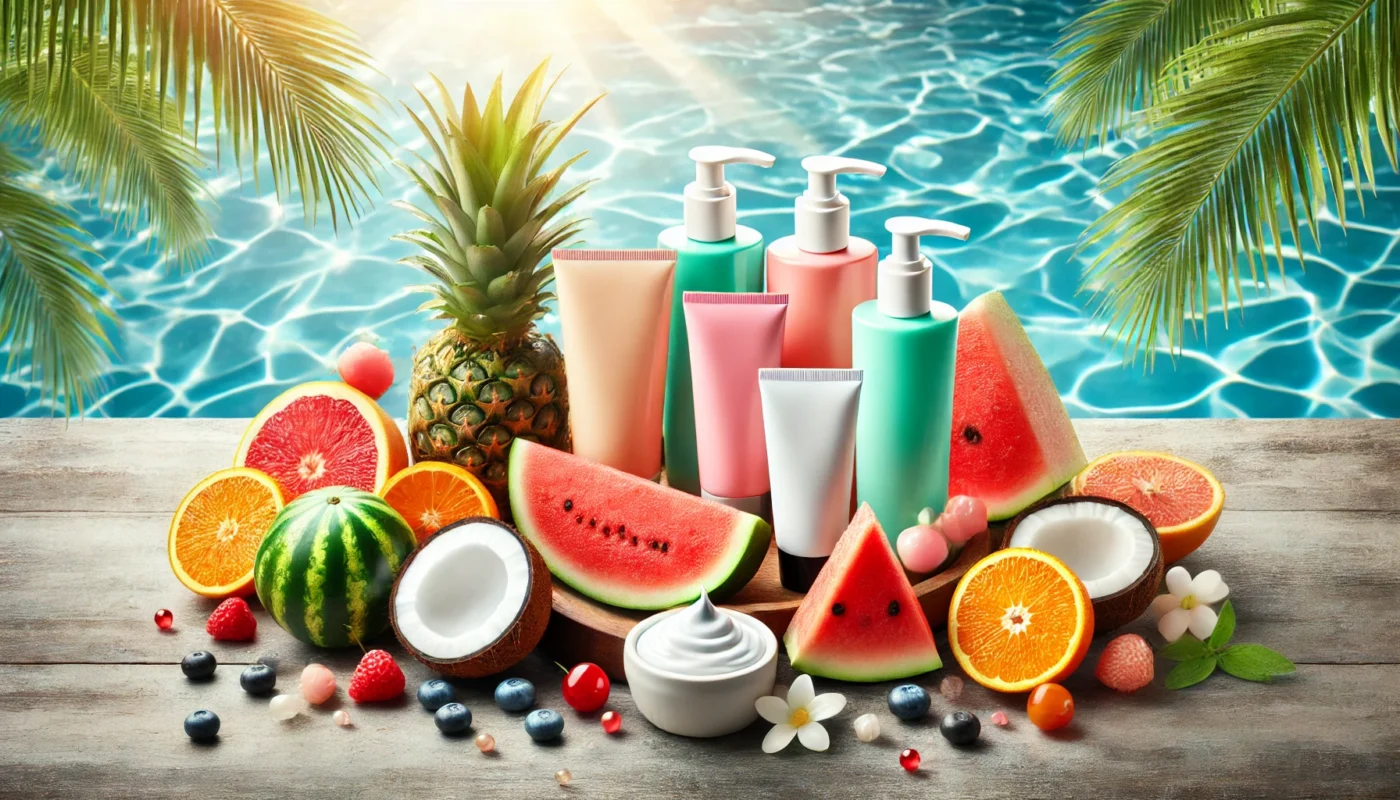 Vibrant and refreshing display of hydrating sunscreens arranged with tropical fruits like watermelon, coconut, and oranges by a poolside setting.