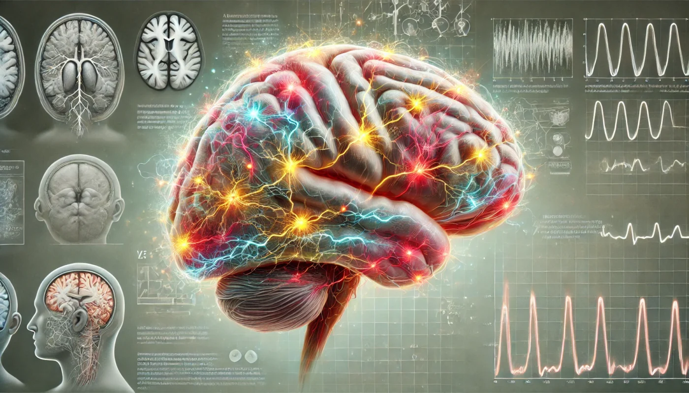 illustration of a human brain with visual representations of epilepsy. The brain is depicted in a semi-transpa