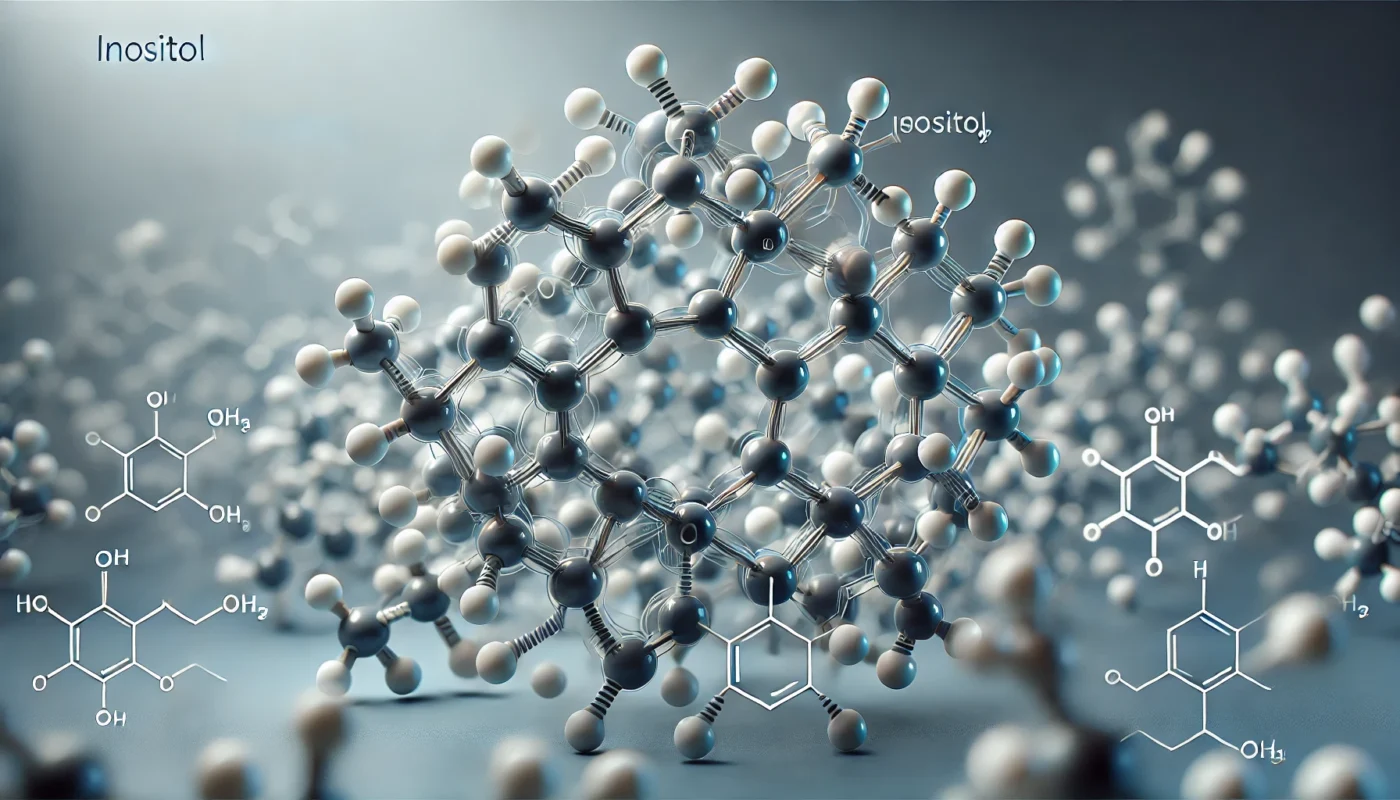 A high-quality 3D-rendered visualization of the inositol chemical structure, illustrating its molecular ring arrangement and various isomers in a scientific and professional style.