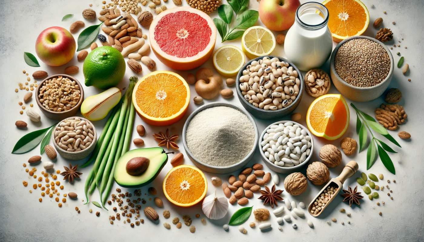 A vibrant and realistic display of inositol-rich foods, including citrus fruits, beans, grains, and nuts, arranged on a clean surface, emphasizing natural dietary sources of inositol.