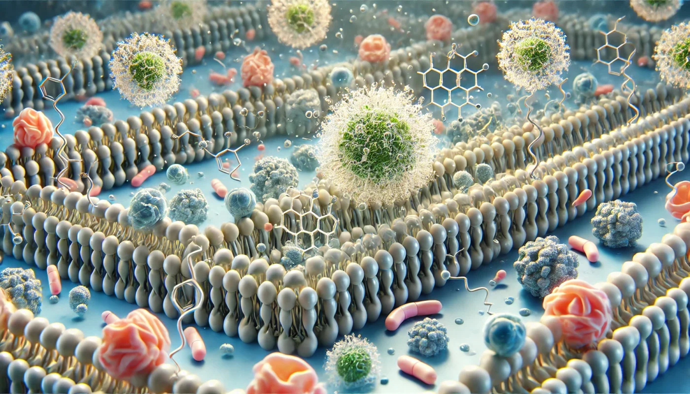 A high-resolution 3D visualization of inositol hormones interacting with cellular membranes, demonstrating their role in cell signaling and hormone regulation in a scientifically accurate manner.