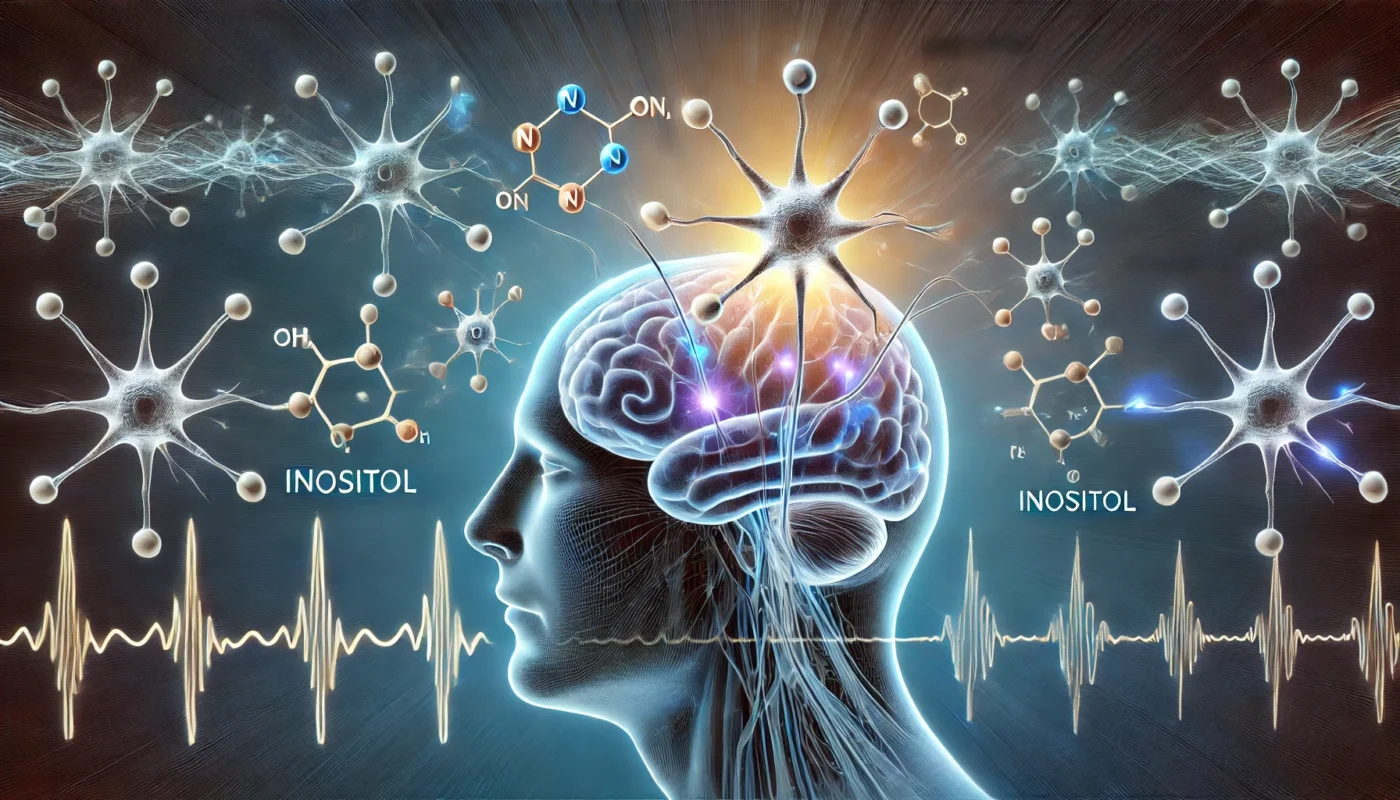 A detailed conceptual illustration of neural synapses with biochemical signals influenced by inositol, showcasing its role in neurotransmitter regulation within the human brain.