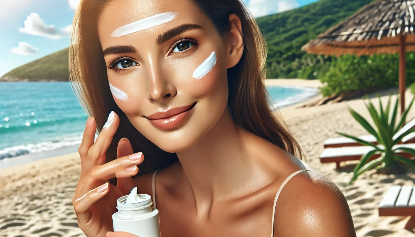 A smiling woman applying lightweight sunscreen on her face while sitting at a sunny beach, highlighting the habit of sun protection and enjoying a relaxing outdoor experience.