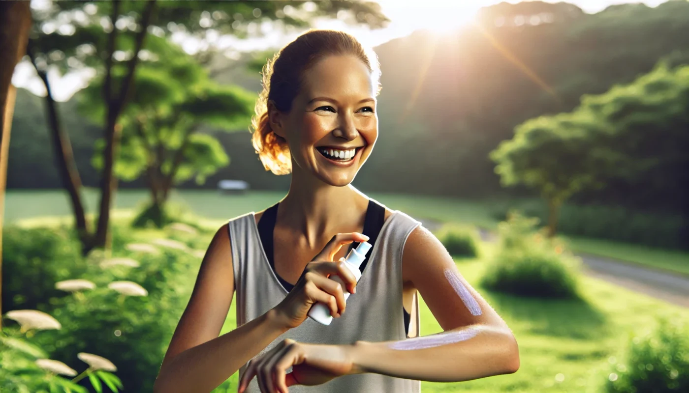 A woman applying lightweight sunscreen on her arms during a morning run in a park, with clear skies and lush green surroundings, showcasing an active lifestyle and the importance of sunscreen for outdoor protection.