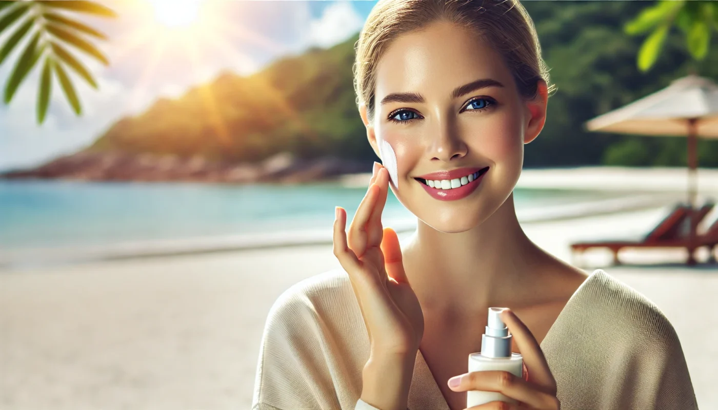 A cheerful woman applying lightweight sunscreen to her face while enjoying a serene day at the beach, with the ocean and sunlight in the background, emphasizing daily sunscreen benefits for radiant and healthy skin.