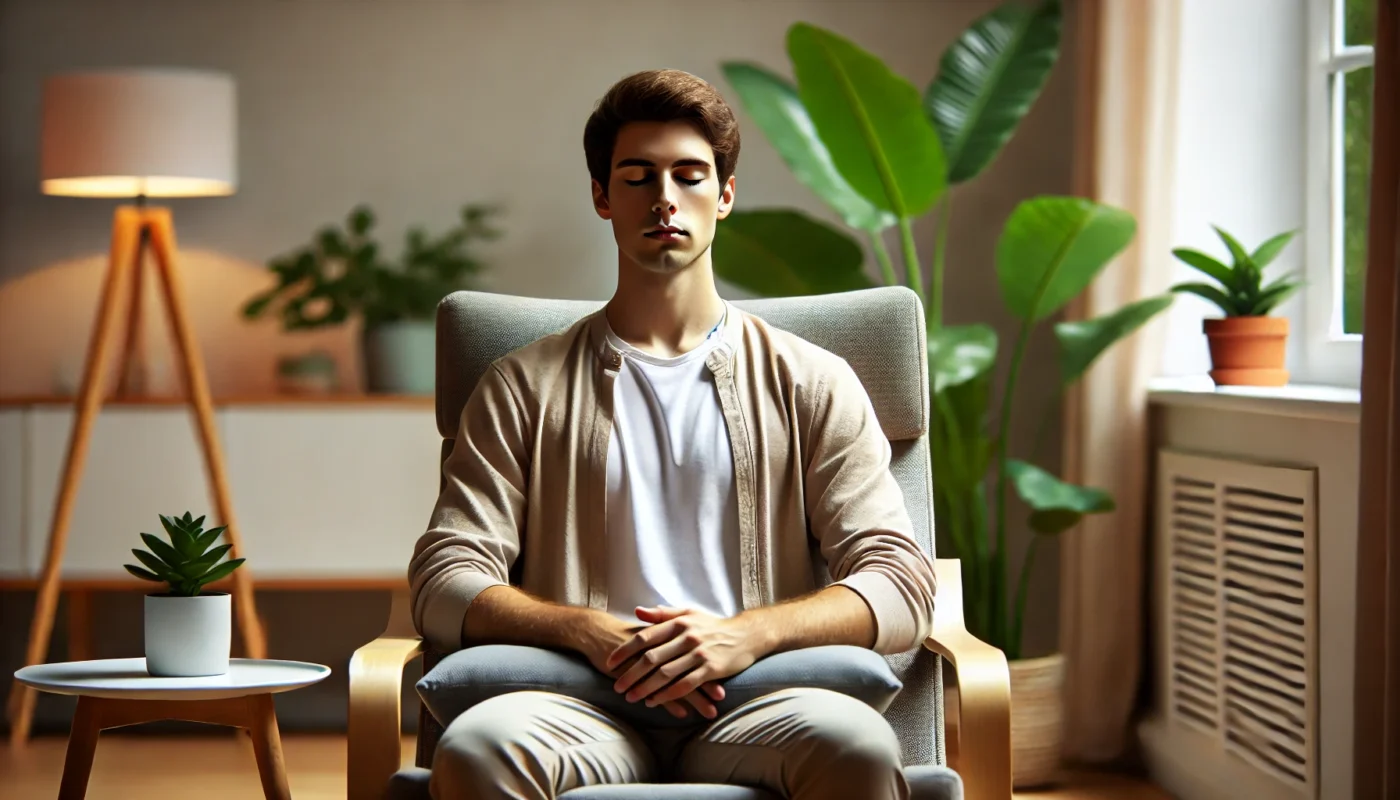 A young adult practicing focus exercises at home, sitting in a comfortable chair with a straight posture, eyes closed, and hands resting on their lap. The environment is calm with soft lighting, indoor plants, and minimal distractions, promoting concentration and mental clarity