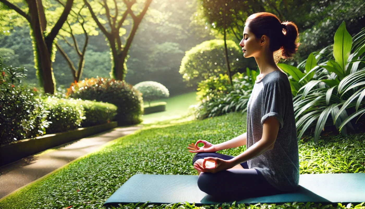 A person sitting cross-legged in a serene park, engaging in a focus-enhancing meditation exercise on a yoga mat. The lush greenery and natural light create a tranquil environment that promotes concentration and relaxation. The individual appears calm and centered, practicing mindful breathing.