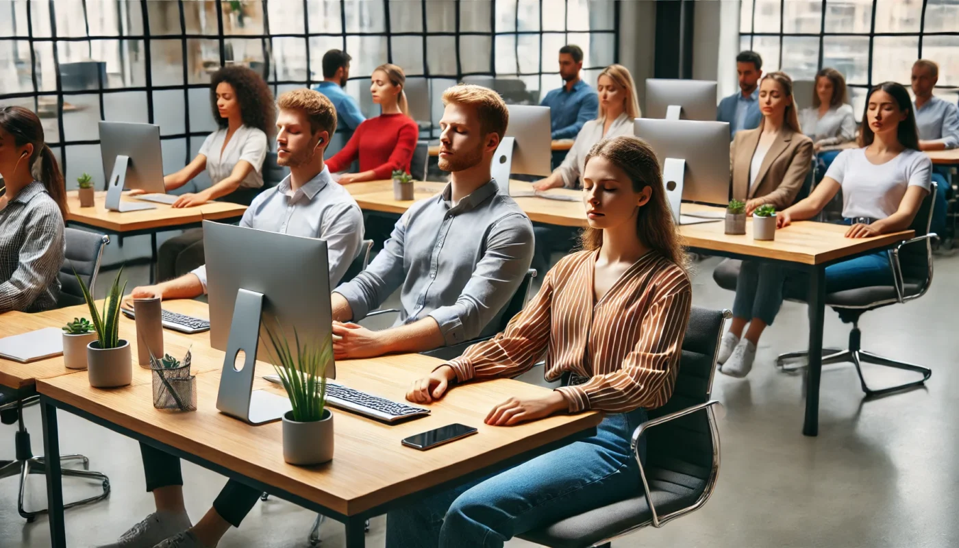 A group of people in a modern office setting participating in focus exercises, enhancing their concentration and productivity. Keywords: exercises to improve focus, workplace mindfulness, team concentration techniques