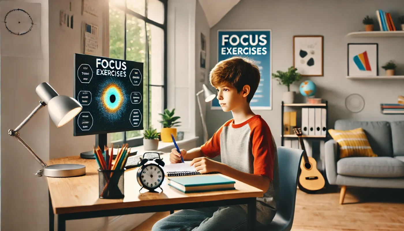 A child sitting at a desk in a brightly lit study environment, practicing focus exercises with a mindful expression. Keywords: exercises to improve focus, student concentration, study mindfulness techniques