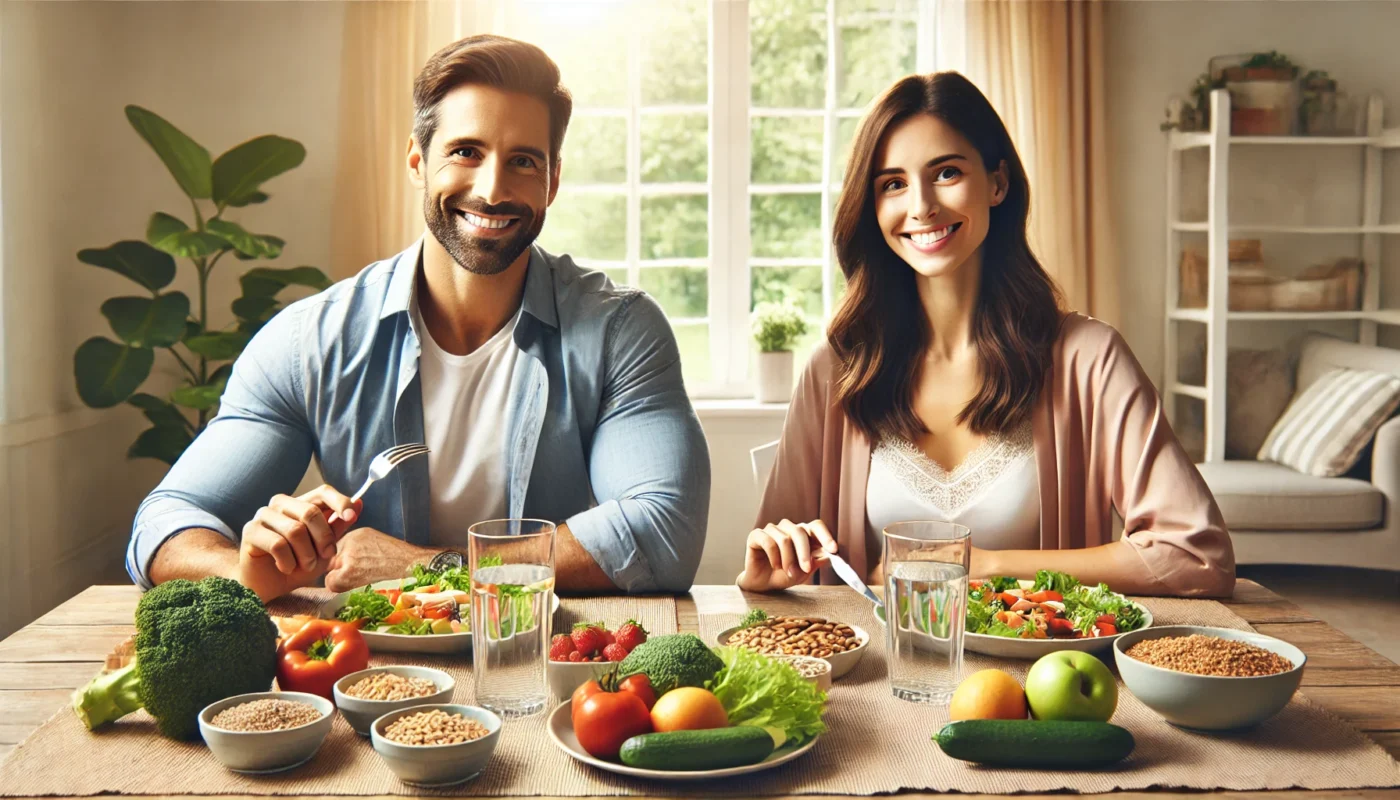  man and his wife sitting together at a dining table, eating a balanced diet