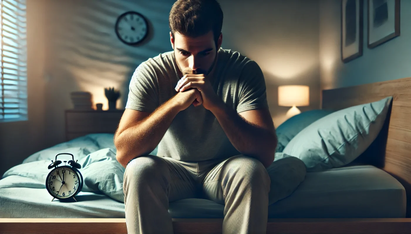 man sitting on the edge of his bed