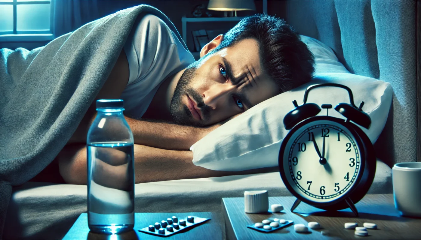 man struggling with insomnia lying awake in bed.