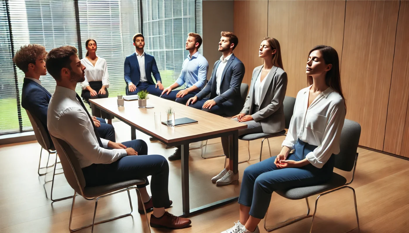 A professional team practicing deep breathing exercises in a conference room to enhance focus and create a calm meeting atmosphere