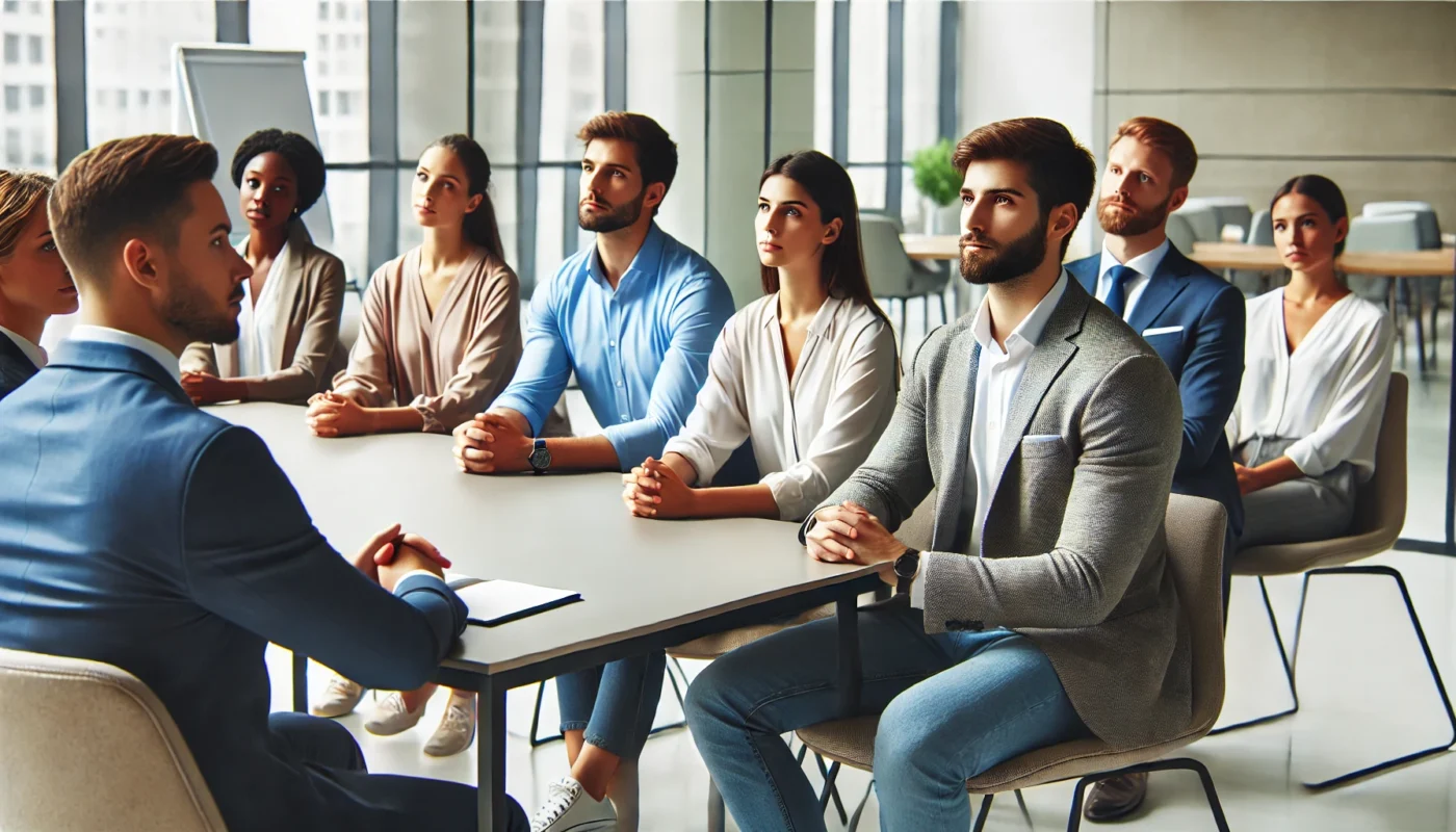 A diverse group of professionals practicing mindful listening in a modern office setting to foster focus and respect during meetings