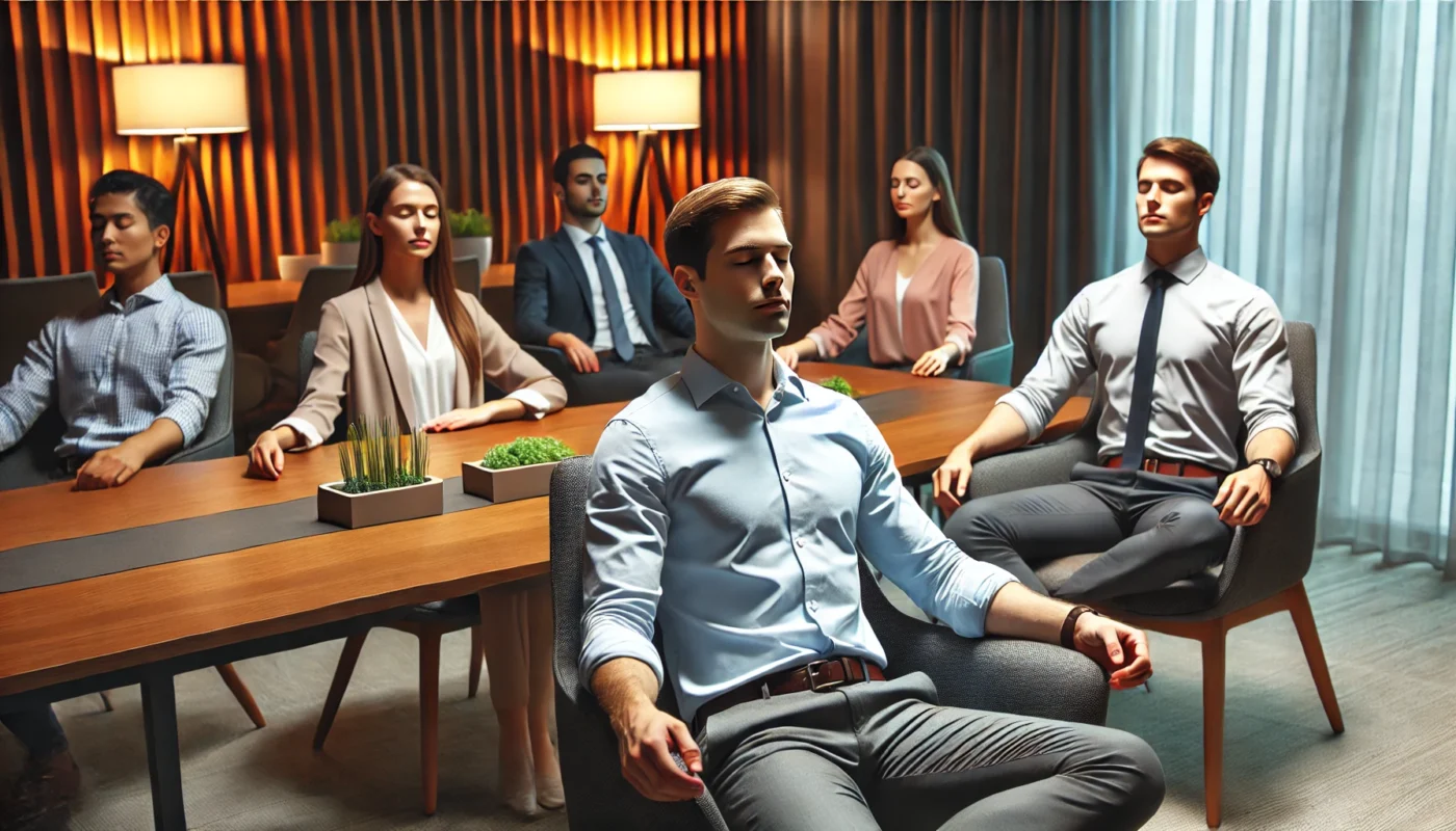 A team of professionals practicing guided body scan meditation in a meeting room to enhance relaxation and focus