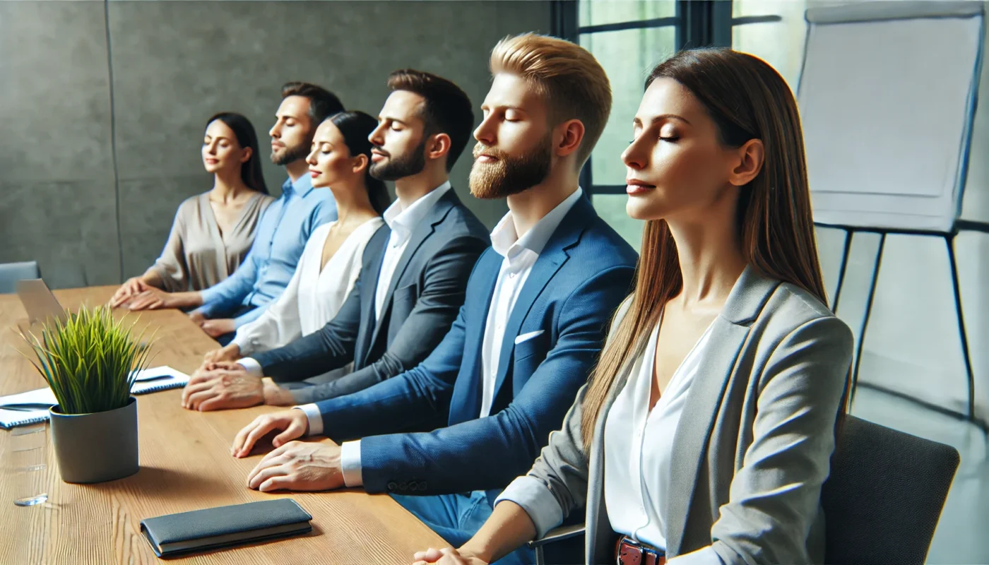 A business team practicing visualization exercises in a modern meeting room to foster a positive and focused mindset