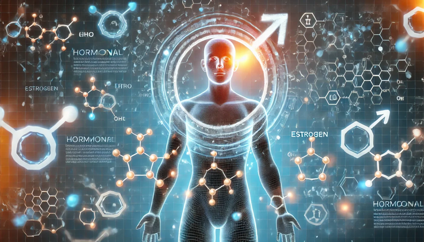 A scientific depiction of hormonal molecules, including estrogen, surrounding a male silhouette, illustrating hormonal interactions.