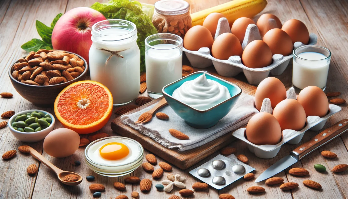 A balanced diet display featuring yogurt, eggs, and other nutrient-rich foods, emphasizing their role in men's hormonal health.