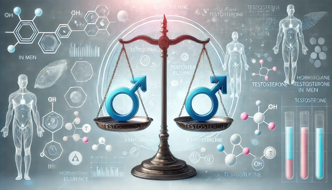 A conceptual image of a scale balancing estrogen and testosterone symbols, symbolizing hormonal equilibrium in men.