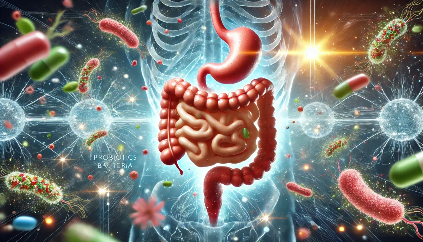 An abstract visualization of the digestive system with probiotics and beneficial bacteria, symbolizing the gut health benefits of yogurt.