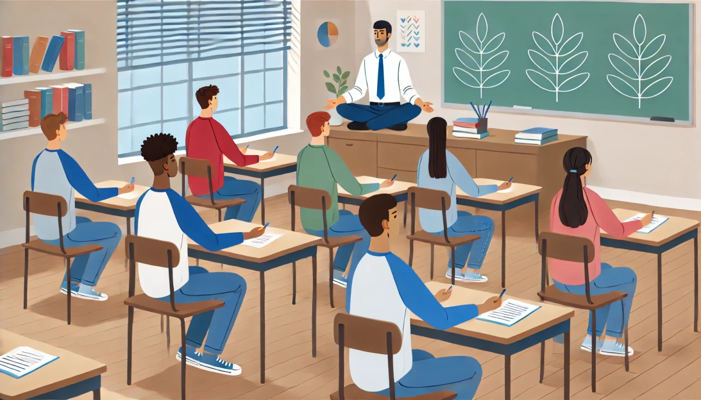 Students practicing mindfulness breathing exercises before an exam in a calm and clutter-free classroom environment