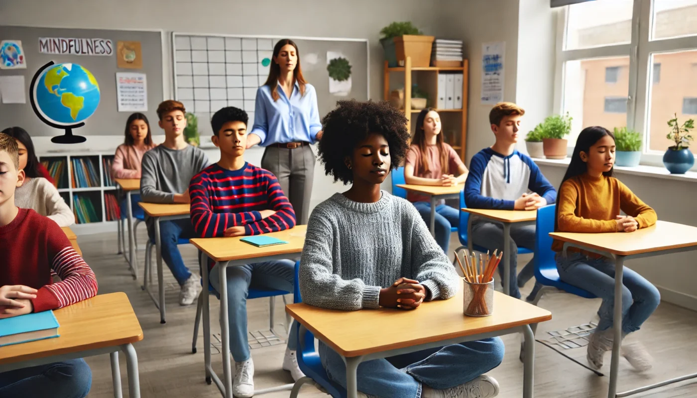 "Students practicing mindfulness in the classroom with a dedicated mindfulness corner, promoting focus and emotional regulation