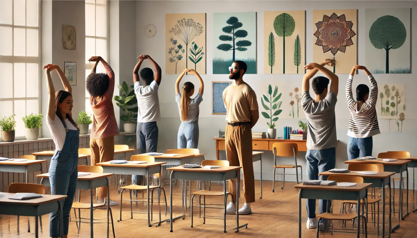 Students participating in a mindfulness stretching exercise in a serene classroom environment with calming decor