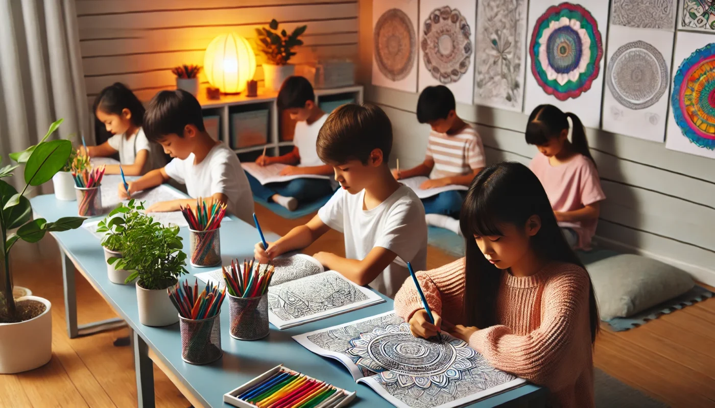 Students engaging in mindful coloring activities in a dedicated mindfulness corner within a calm classroom setting