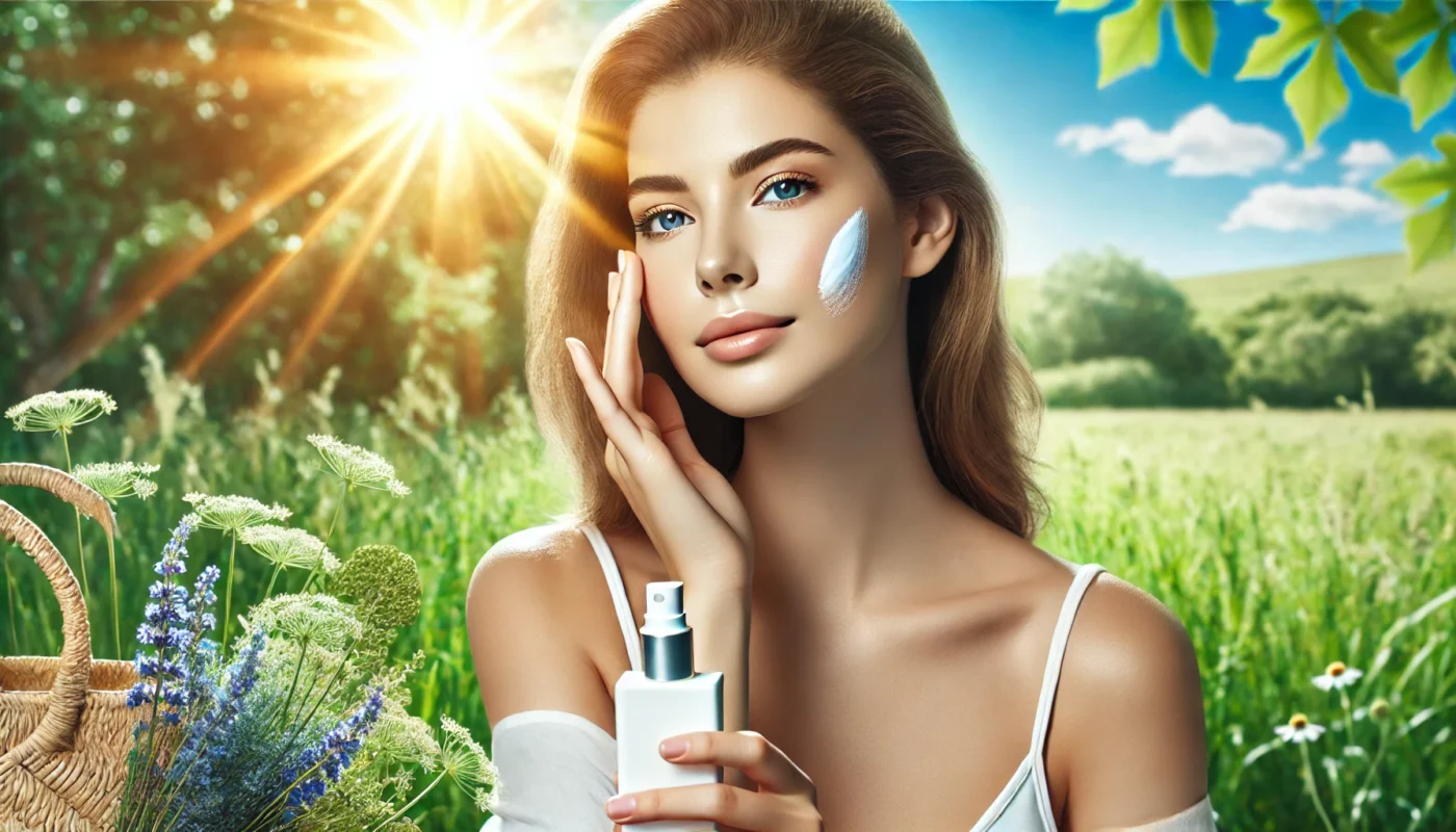 A serene woman applying mineral sunscreen on her face outdoors under gentle sunlight, surrounded by lush greenery and clear blue skies, symbolizing natural skin protection and eco-conscious beauty.