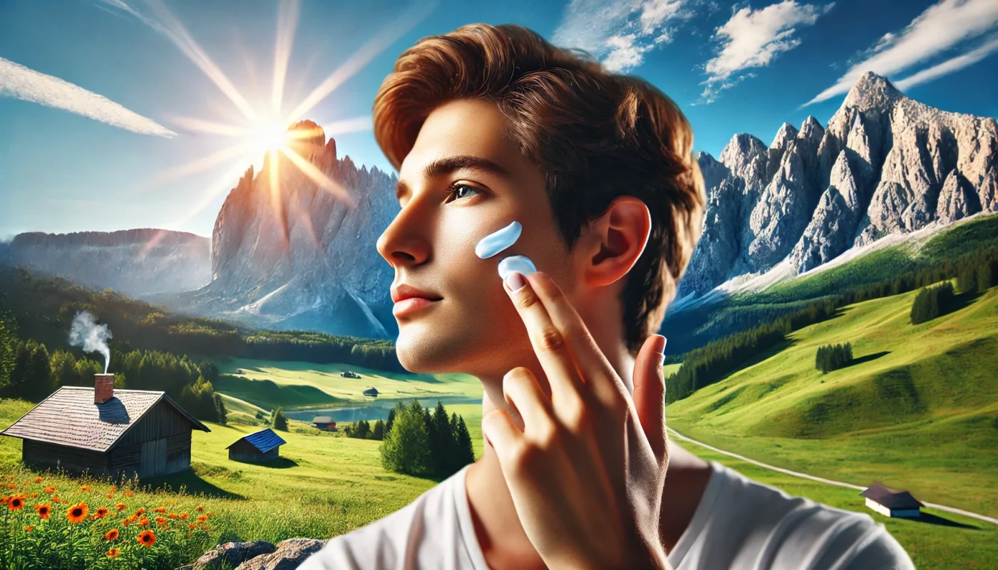 A young individual applying mineral sunscreen in a scenic mountain setting, surrounded by green meadows and majestic peaks under gentle sunlight, highlighting skin protection during outdoor adventures.