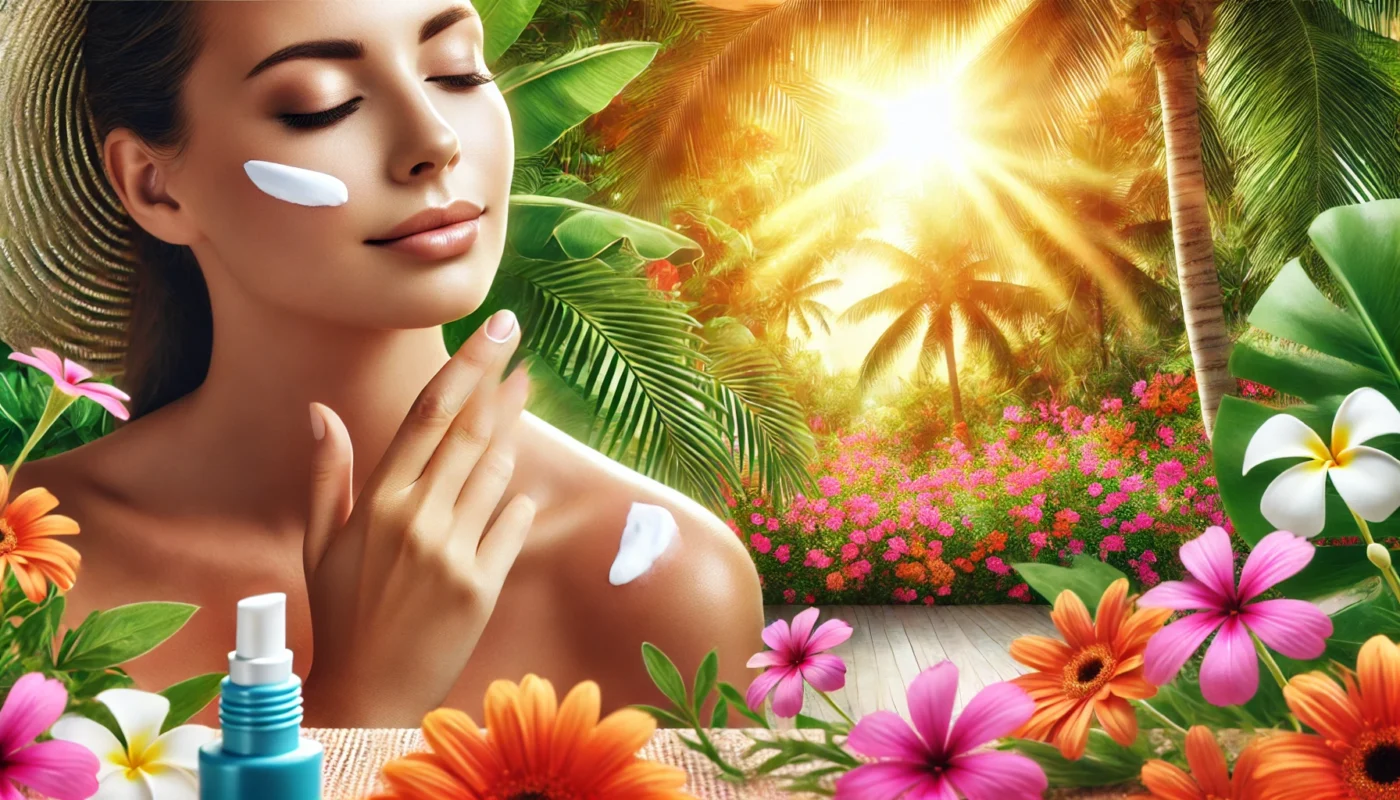 A person applying mineral sunscreen in a vibrant tropical garden with colorful flowers, palm trees, and warm sunlight, showcasing the sunscreen's natural and protective benefits.