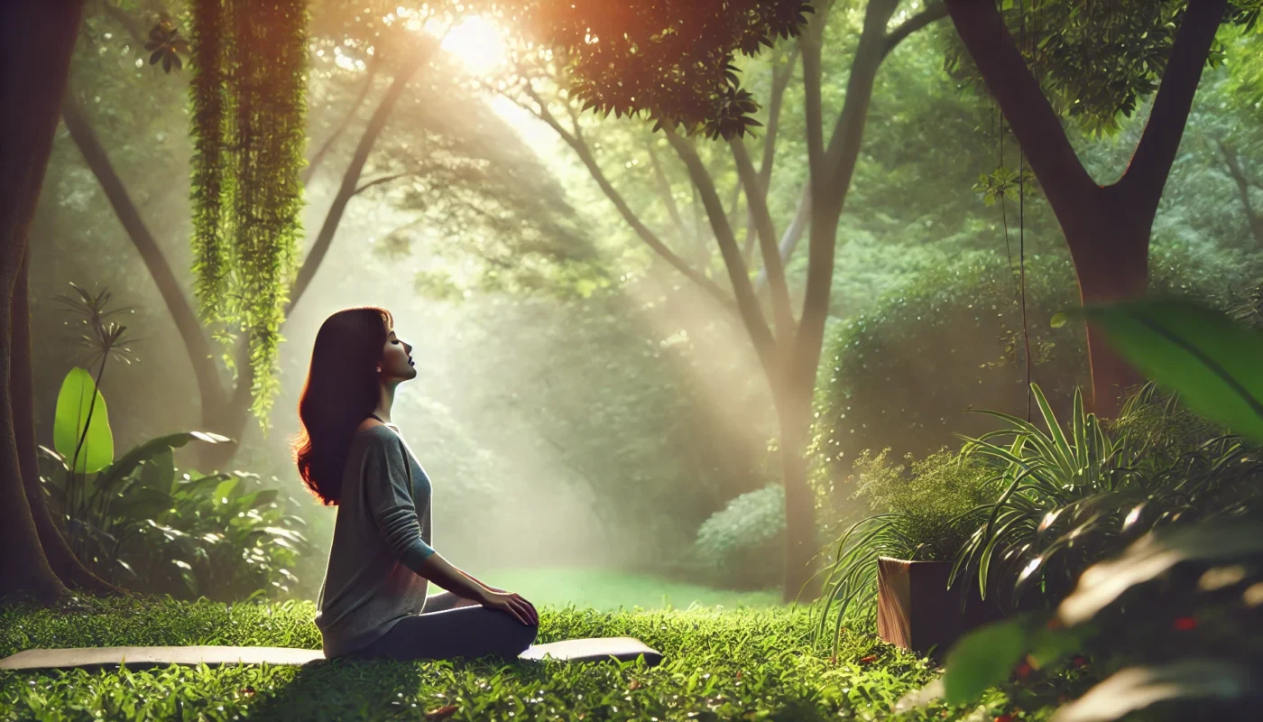 Person practicing mindful breathing outdoors to clear their mind, surrounded by lush greenery and soft natural light