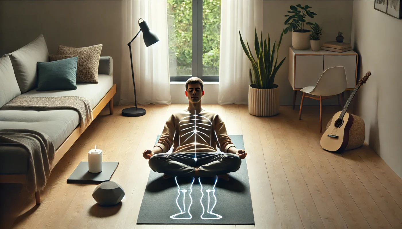 Person practicing body scan meditation indoors to clear their mind, lying on a yoga mat in a tranquil, softly lit space