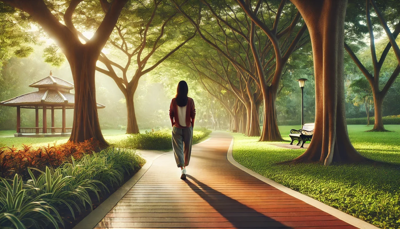 Individual practicing mindful walking in a peaceful park to clear their mind, surrounded by vibrant trees and gentle sunlight