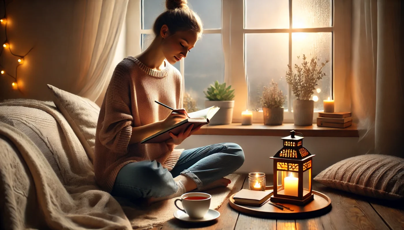 Person practicing mindful journaling at home to clear their mind, surrounded by soft lighting and a peaceful ambiance.