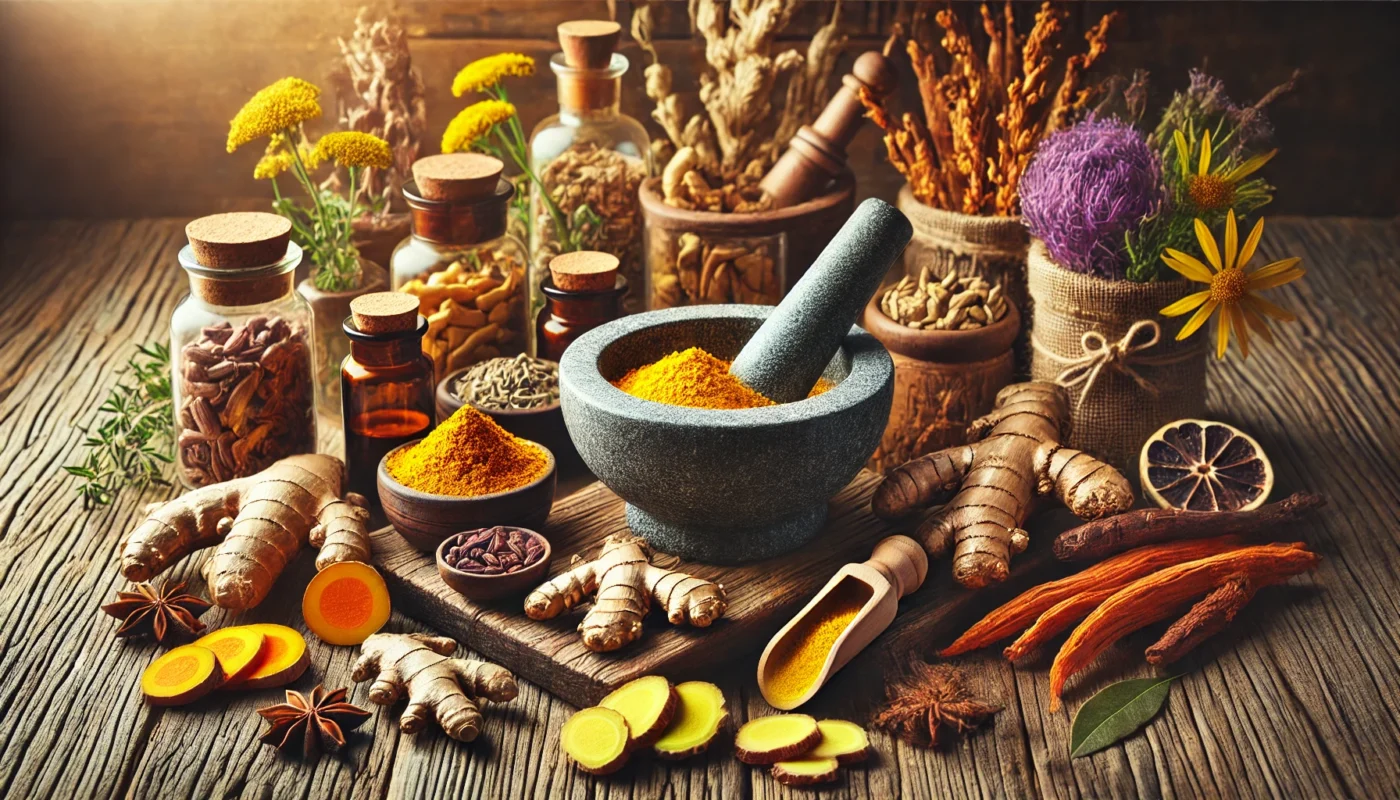 A selection of natural anti-inflammatory herbs and supplements including turmeric, ginger, boswellia, and licorice root on a rustic wooden surface.