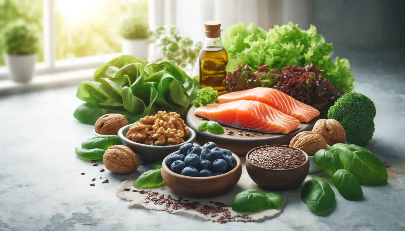 A spread of nutrient-rich foods like salmon, walnuts, flaxseeds, blueberries, and leafy greens, emphasizing an anti-inflammatory diet.