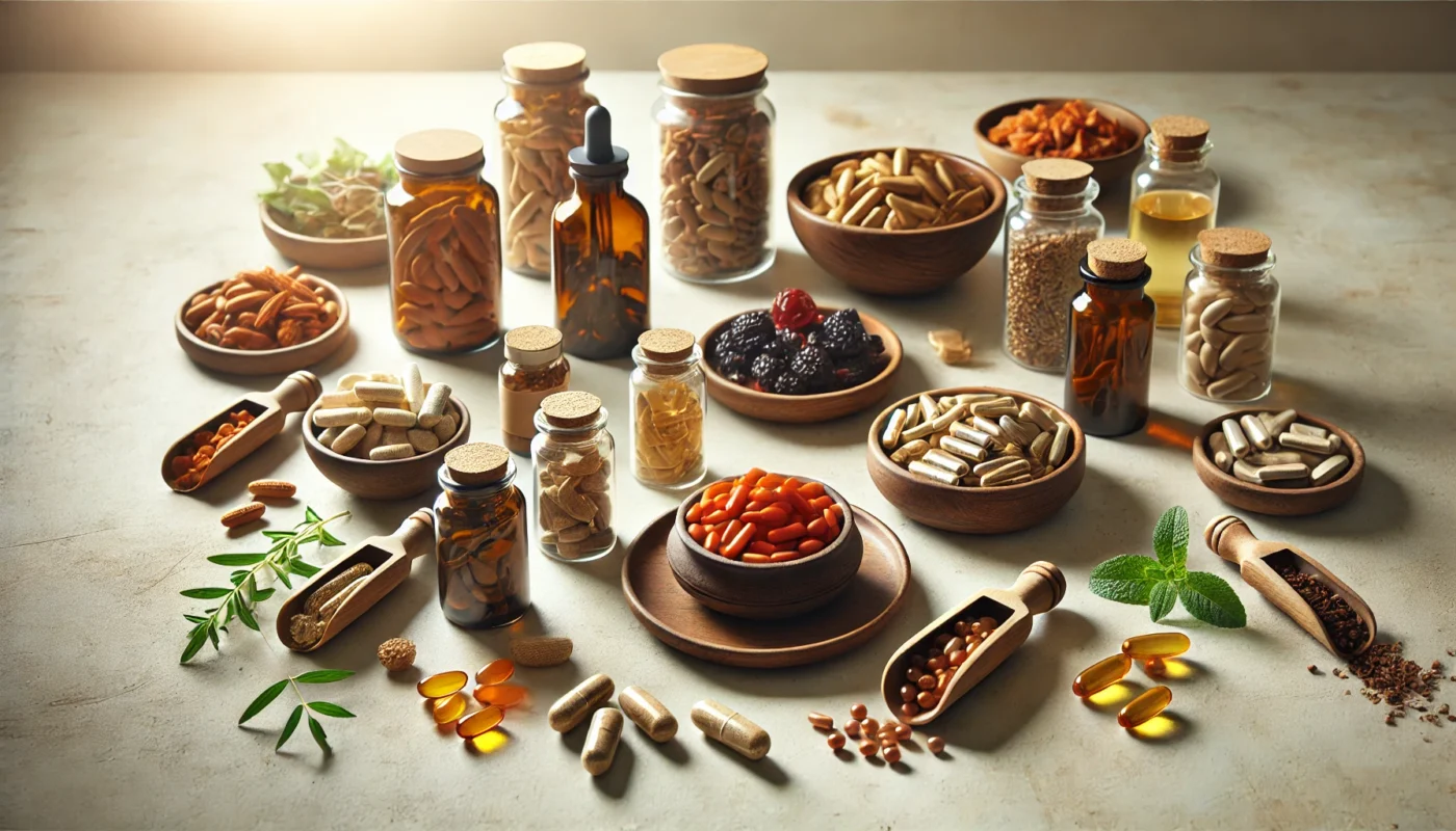 A clean arrangement of herbal supplements such as ashwagandha, quercetin, and omega-3 capsules in glass jars and wooden bowls.