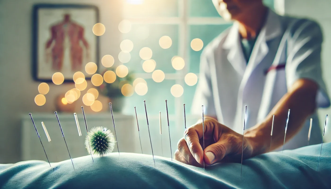 Close-up view of an acupuncture session targeting the lower back, showcasing precise needle placement and emphasizing acupuncture for back pain side effects in a peaceful clinical environment