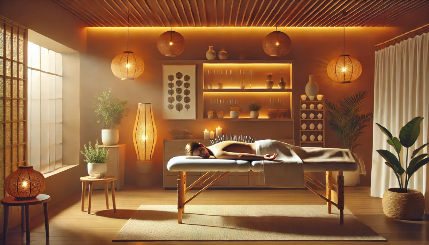 A peaceful acupuncture therapy room with a patient on a massage table, highlighting needles on the lower back, illustrating the relaxing effects of acupuncture for back pain side effects