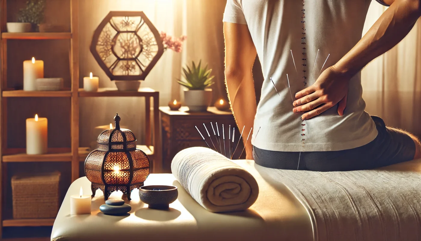 A holistic wellness clinic setup featuring acupuncture needles placed on the lower back, surrounded by calming decor, emphasizing the therapeutic benefits of acupuncture for back pain side effects.