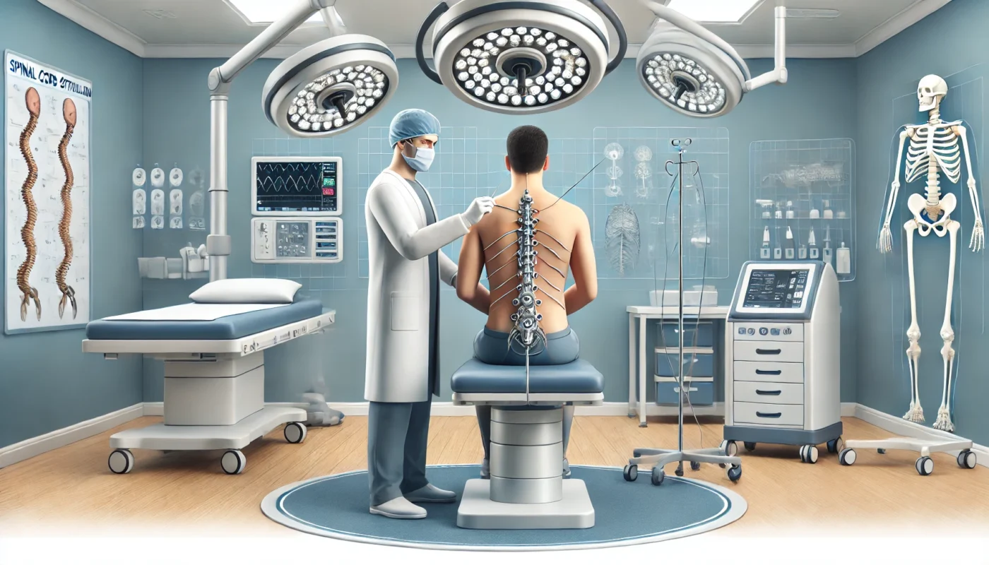  "A patient in a modern medical facility receiving spinal cord stimulation for chronic pain relief, with a healthcare provider explaining the procedure in a calm and reassuring environment."