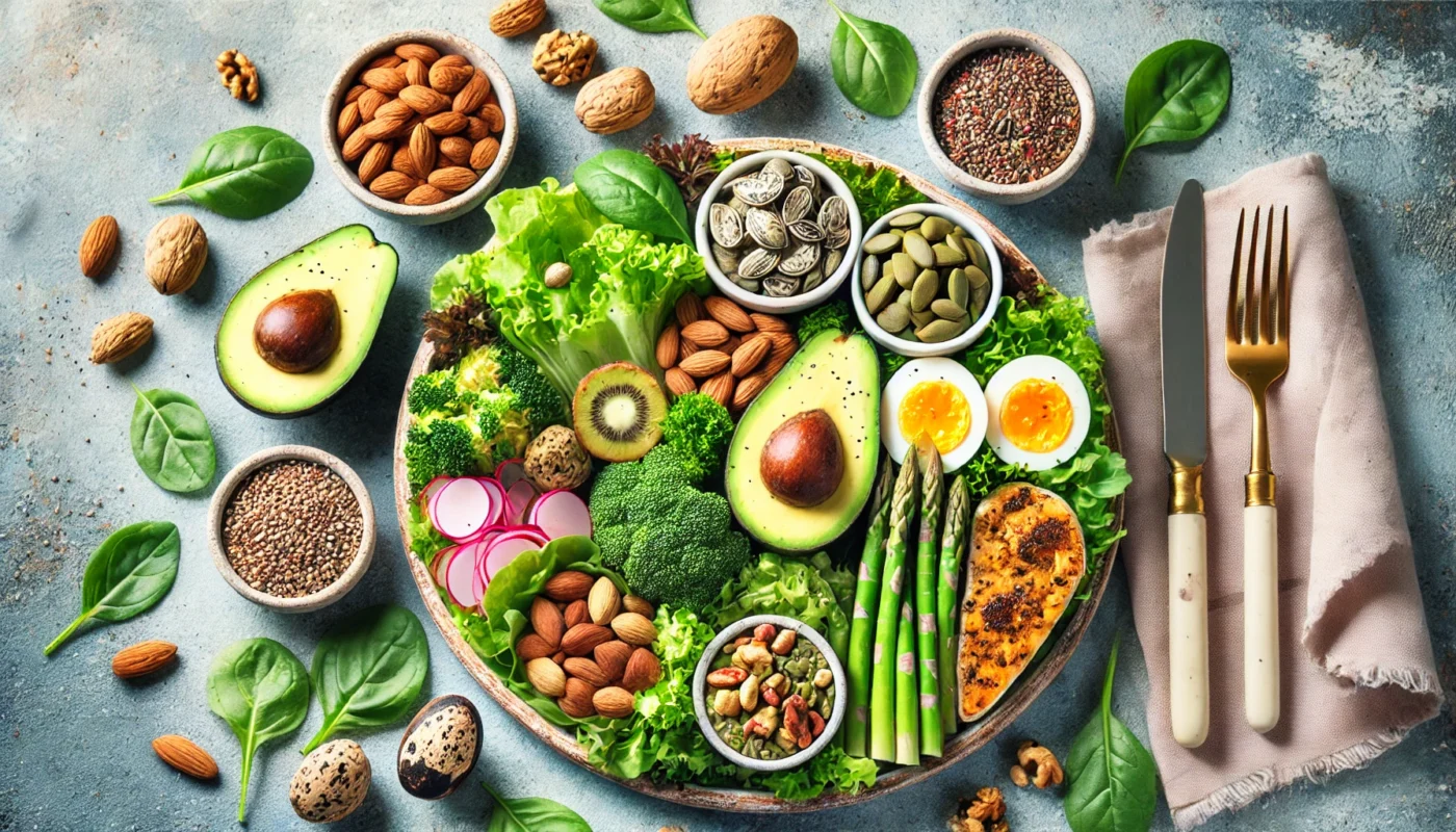 A balanced meal with whole foods to improve progesterone during PCOS, including avocados, leafy greens, and lean proteins.