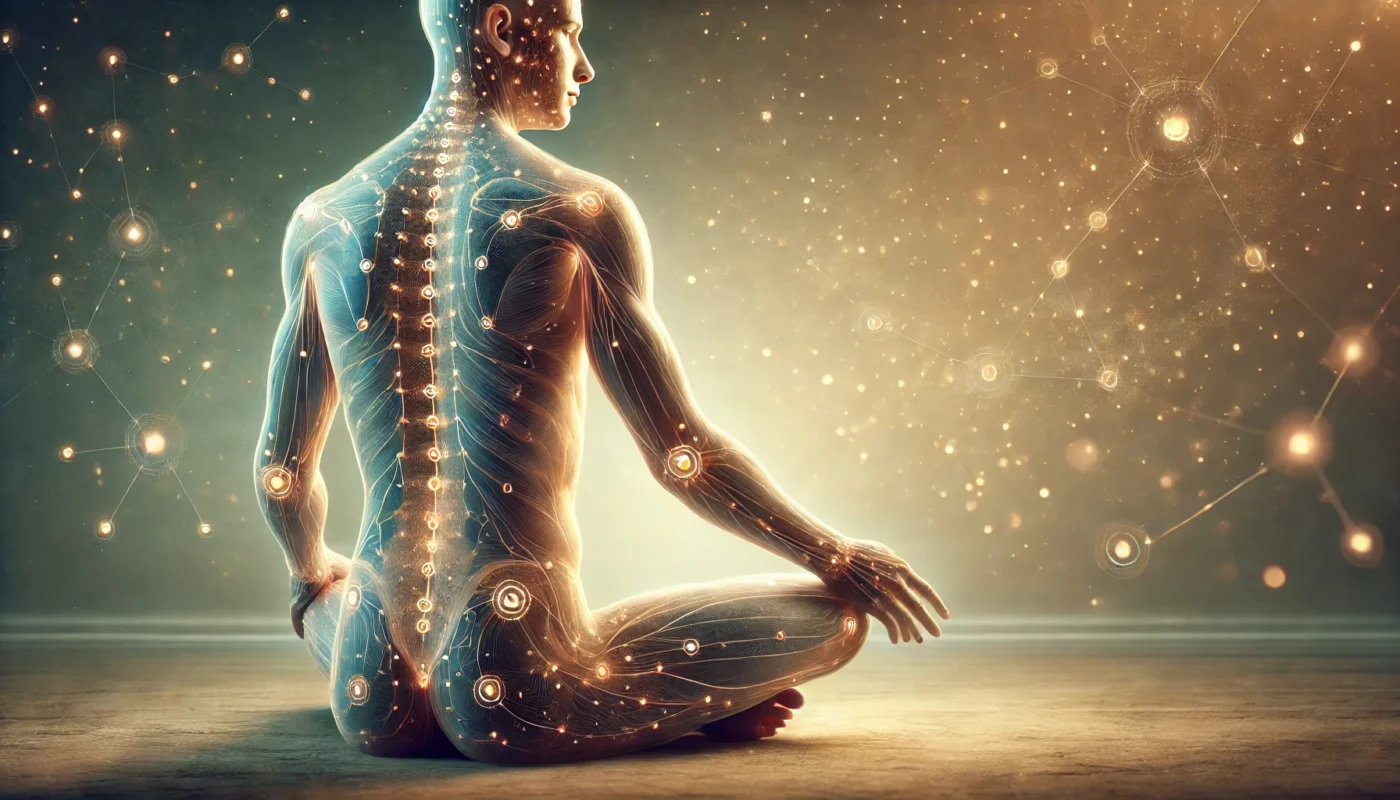 Full-body illustration of acupuncture points with glowing dots and interconnected meridians, displayed in a neutral pose against a soothing gradient background symbolizing holistic wellness